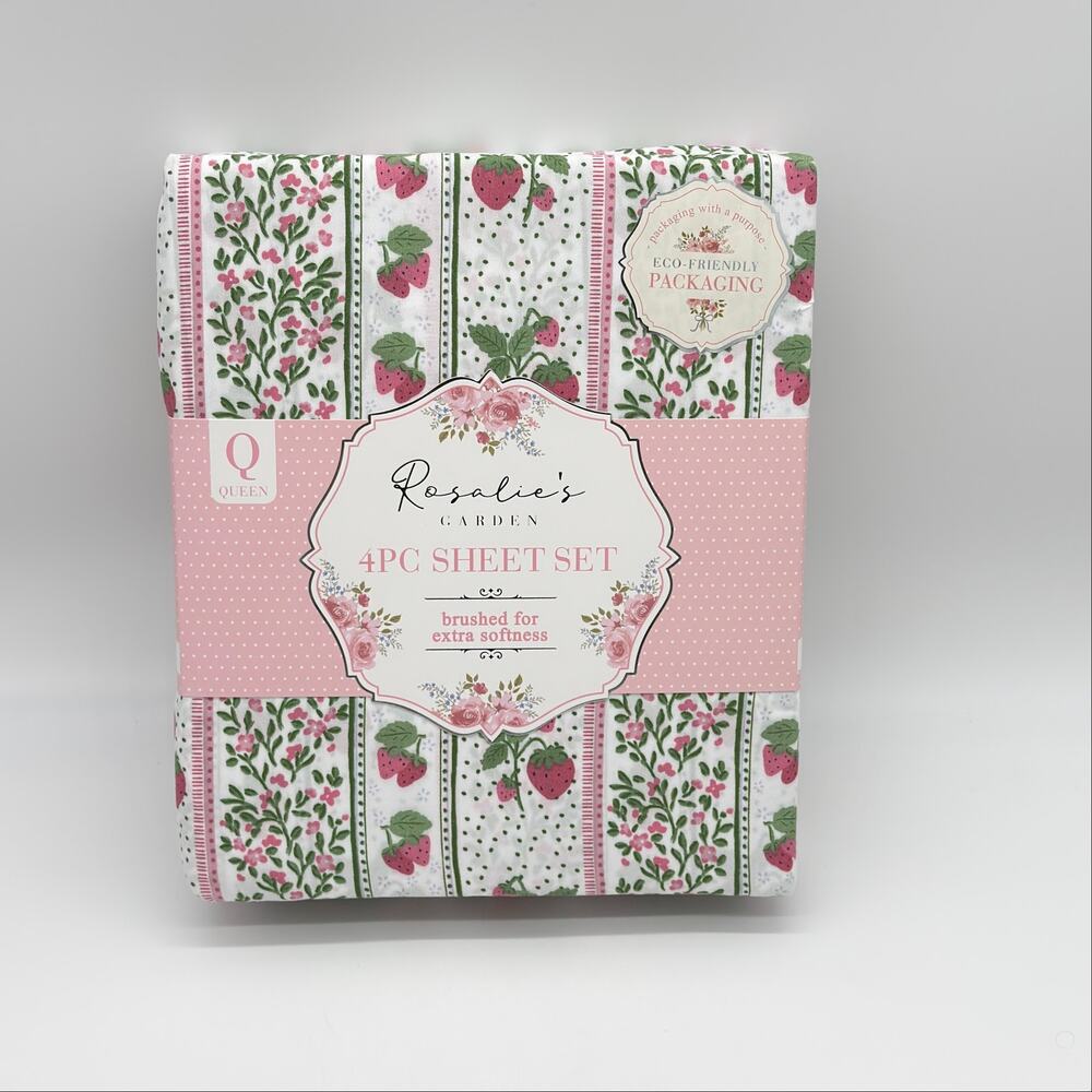 Strawberry Patchwork Striped QUEEN Sheet Set Rosalie’s Garden Strawberries NEW